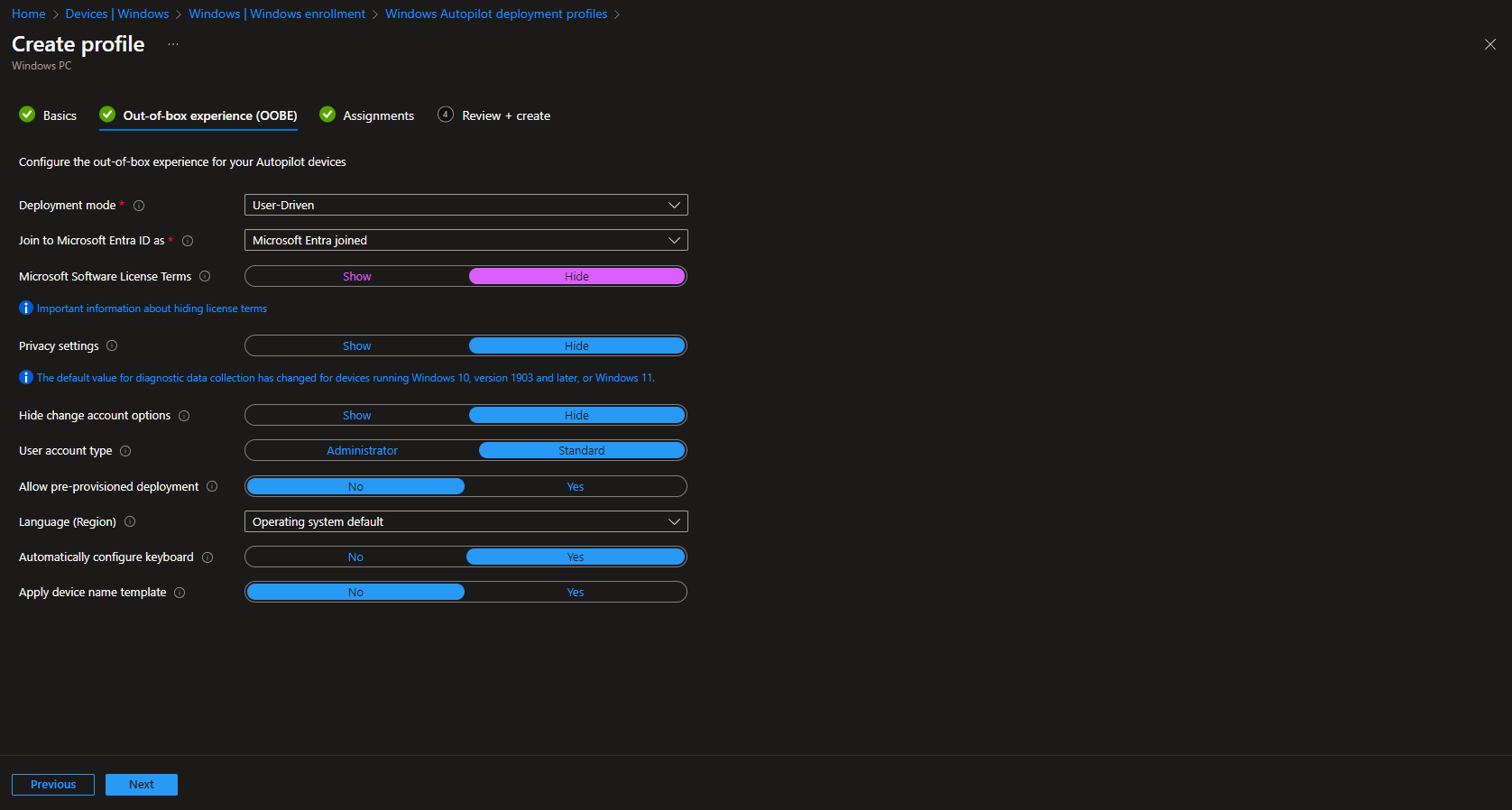 Configuring OOBE settings for the Autopilot deployment profile